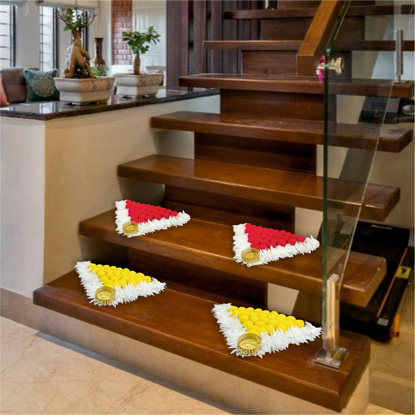 Smaran Traditional Triangle Staircase Rangoli with Tealight Holder Set – Handmade Decorative Floor Art with Beads & Embellishments for Home, Main Entrance, Pooja Room, Mandir