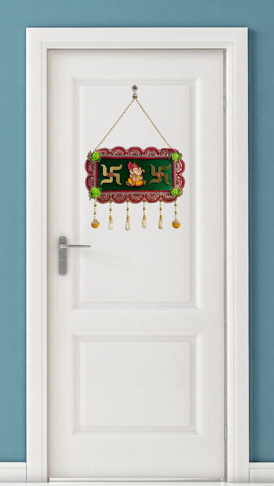 Smaran Cultural Ganesh Swastik Latkan – Handmade Traditional Decorative Hanging with Beads & Embellishments for Main Door, Wall, Pooja Room, Mandir, Festivals, Weddings