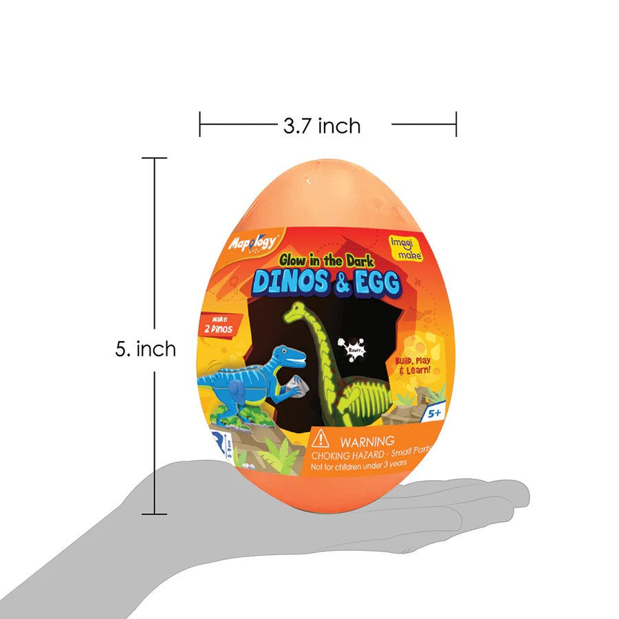 Toy dinosaur egg with packaging showing dimensions and warning label on a white background