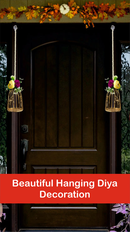 Smaran Cultural Hanging Cage Latkan Pair with Tealight Holders – Handmade Traditional Decorative Hanging with Beads & Embellishments for Home, Main Door, Pooja Room, Mandir