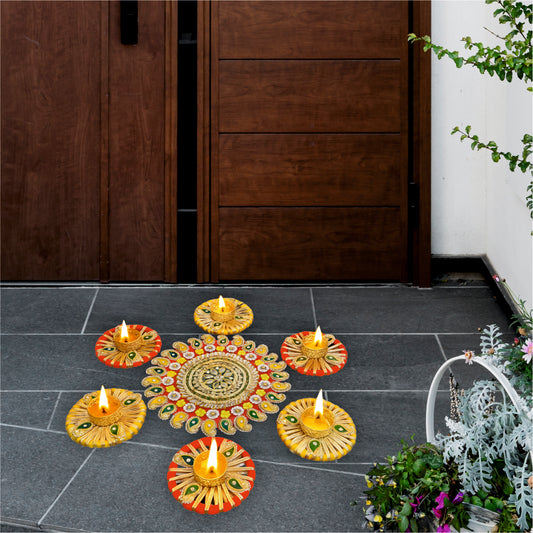 Smaran Handcrafted Mulicolour Lotus Rangoli Set with Cowrie Shell Diya – Traditional Festive Floor Decor for Diwali, Weddings & Pooja Ceremonies (Patchwork Rangoli Set)