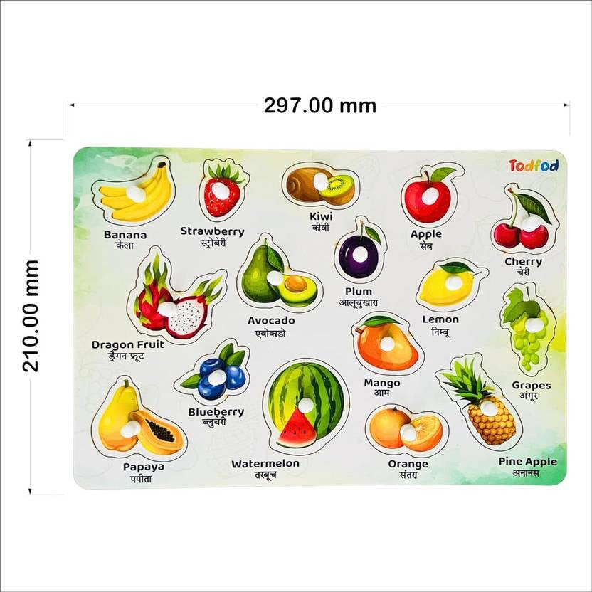 Sticker sheet with illustrations of fruits and vegetables with labels, dimensions, and brand name.