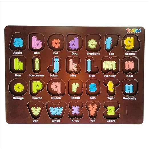 Alphabet puzzle with colorful letters and definitions on a brown board, branded 'Todfied'.