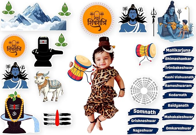 Child in Shiva costume with Shiva illustrations and names on a white background