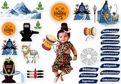Child in Shiva costume with Shiva illustrations and names on a white background