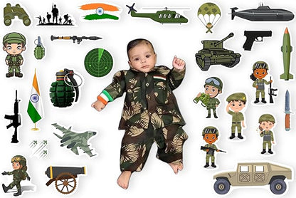 Baby in a camouflage outfit surrounded by military-themed illustrations and toys on a white background