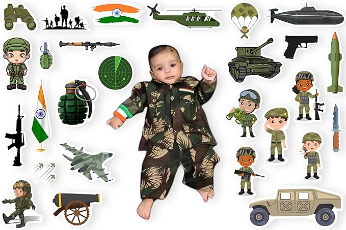 Baby in a camouflage outfit surrounded by military-themed illustrations and toys on a white background