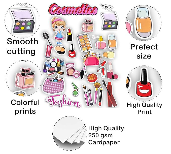 Collection of cosmetic-themed stickers with various products on a white background.
