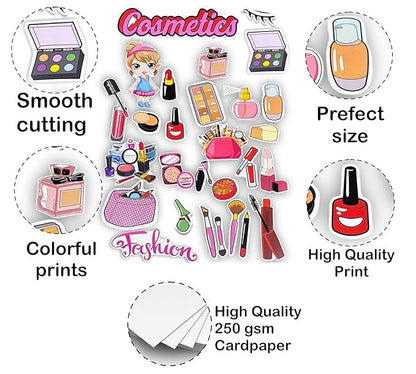 Collection of cosmetic-themed stickers with various products on a white background.