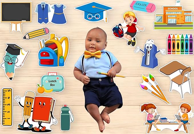 Child surrounded by school-themed illustrations on a wooden floor