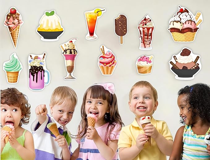 Children enjoying ice cream cones with various ice cream and dessert illustrations on a light background