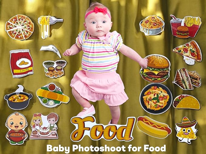 Baby in a photoshoot with food-themed props on a gold background