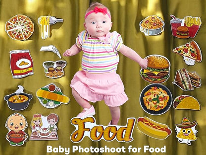 Baby in a photoshoot with food-themed props on a gold background