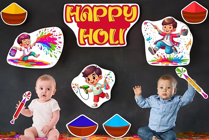 Children playing with colorful powder and holding toys with 'Happy Holi' text on a dark background.
