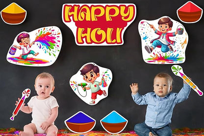 Children playing with colorful powder and holding toys with 'Happy Holi' text on a dark background.