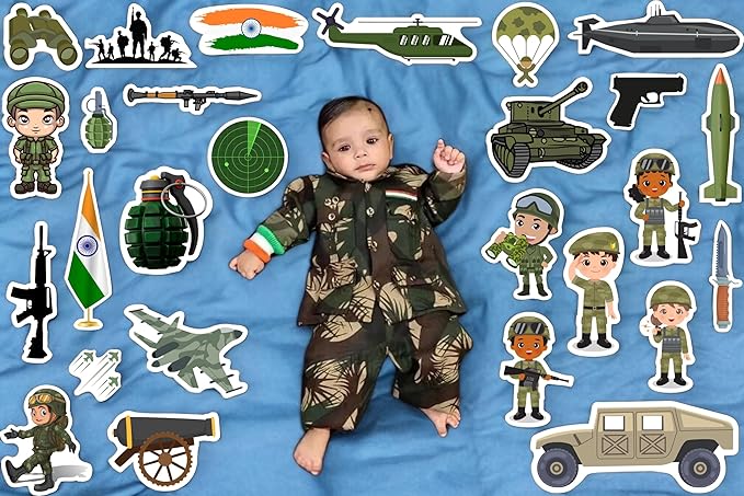 Baby in camouflage outfit surrounded by military-themed stickers on a blue background