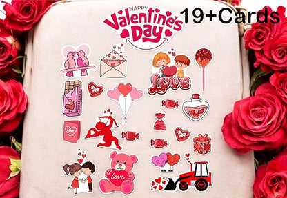 Valentine's Day-themed temporary tattoos with cartoon designs on a white background, surrounded by red roses.
