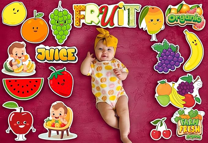 Baby in a onesie surrounded by fruit-themed stickers on a red background