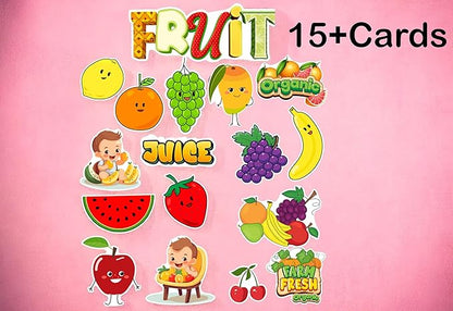 Fruit-themed cards with cartoon illustrations on a pink background