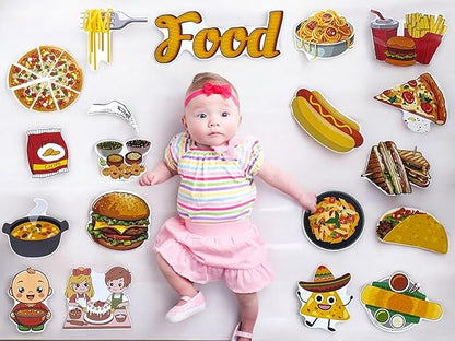 Baby surrounded by food-themed illustrations on a white background