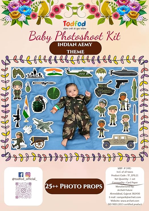Baby photoshoot kit with Indian Army theme featuring a baby in camouflage outfit and various props.