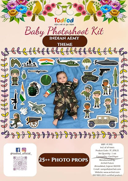 Baby photoshoot kit with Indian Army theme featuring a baby in camouflage outfit and various props.