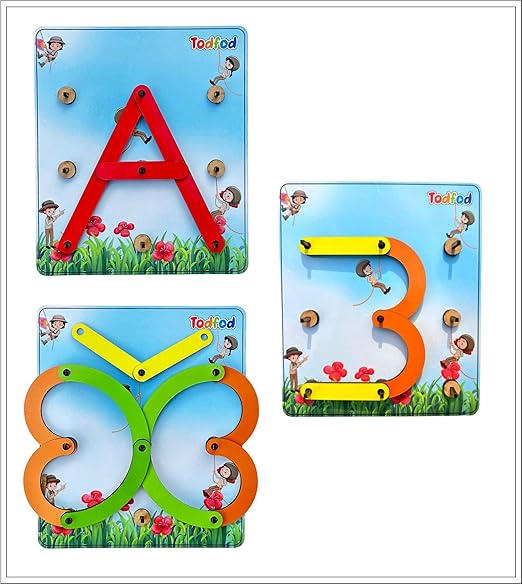 Set of educational magnetic letters 'A', 'B', and a butterfly on a blue background with cartoon characters.