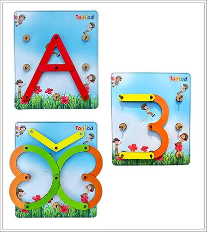 Set of educational magnetic letters 'A', 'B', and a butterfly on a blue background with cartoon characters.