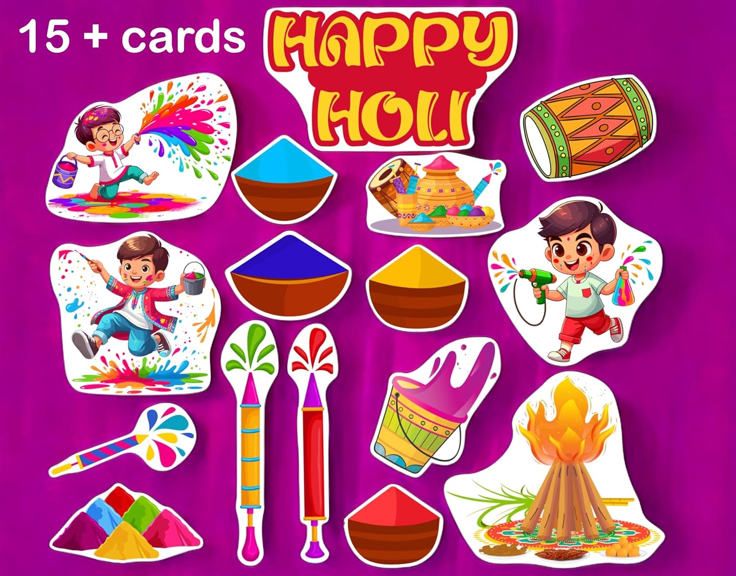 Set of 'Happy Holi' themed cards with illustrations on a purple background