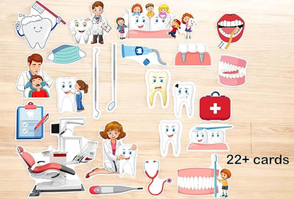 Collection of dental-themed cards on a wooden surface with various illustrations including teeth, dentists, and dental tools.