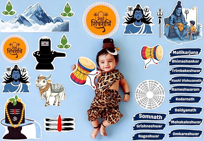 Child in leopard print outfit surrounded by Shiva-related illustrations and names on a blue background