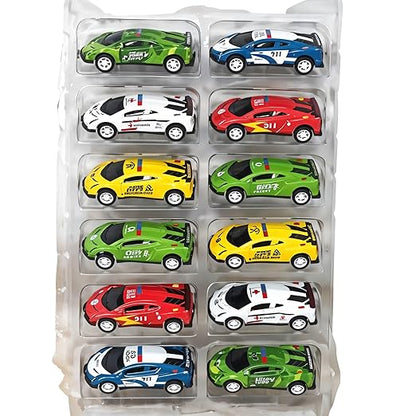Set of colorful toy cars in clear packaging on a white background