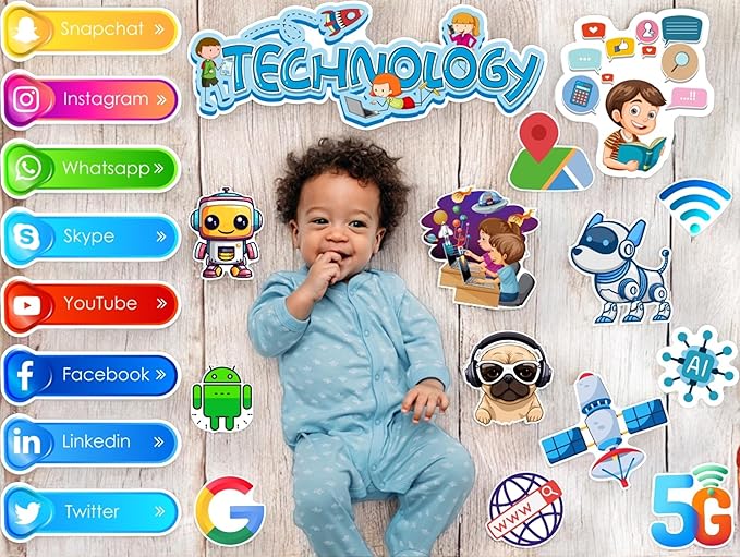 Child surrounded by technology-themed stickers and icons on a wooden background