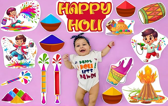 Baby wearing a 'Happy Holi Let's Play' shirt surrounded by Holi-themed illustrations on a pink background.