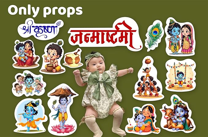 Baby in a green dress surrounded by cartoon characters and props on a green background