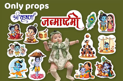 Baby in a green dress surrounded by cartoon characters and props on a green background