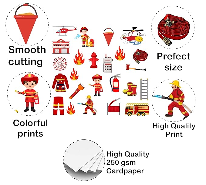 Illustrations of firefighting-themed items with text highlighting features on a white background.