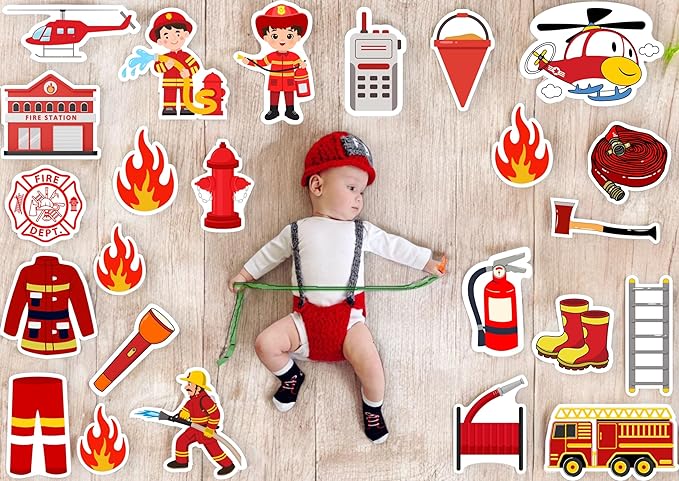 Child playing with fire-themed stickers on a wooden background