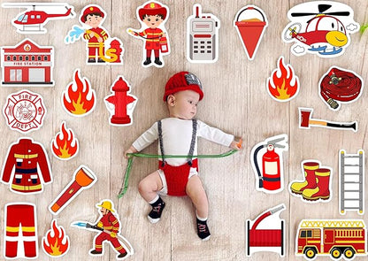 Child playing with fire-themed stickers on a wooden background