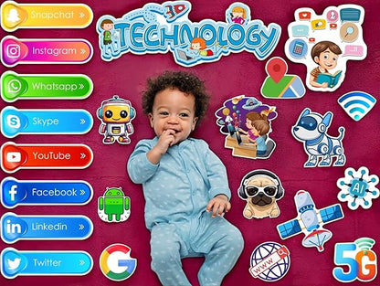Child surrounded by technology-themed stickers and icons on a pink background