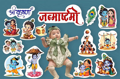 Baby in a green outfit surrounded by stickers of deities and traditional elements on a blue background