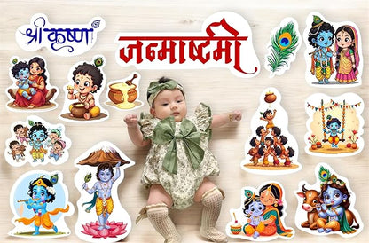 Baby surrounded by stickers of deities and symbols on a light wooden background