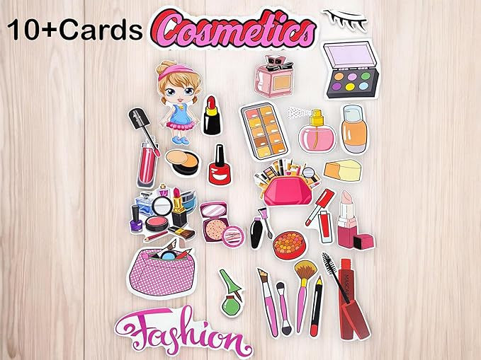 Set of cartoon-style cosmetic and fashion stickers on a wooden surface with 'Cosmetics' and 'Fashion' text.