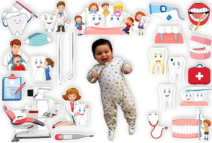 Baby surrounded by dental-themed illustrations and toys