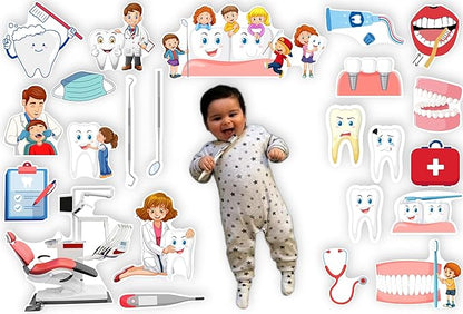 Baby surrounded by dental-themed illustrations and toys