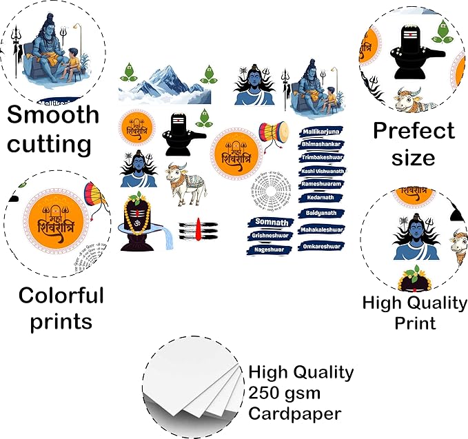 Collection of stickers with various designs on a white background, highlighting features like smooth cutting, prefect size, colorful prints, and high quality print.
