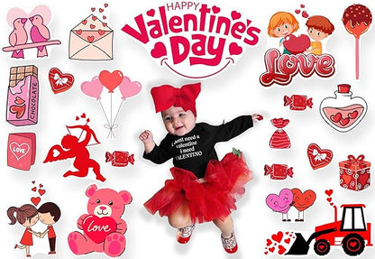 Child in Valentine's Day-themed outfit with decorative elements on a white background