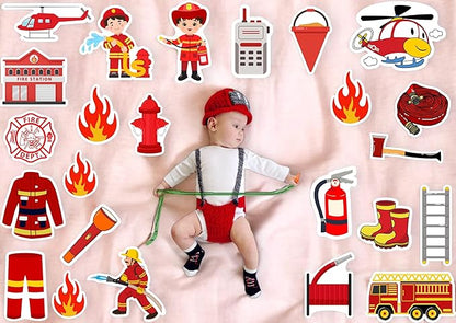 Child in firefighter costume surrounded by fire safety-themed stickers on a pink background