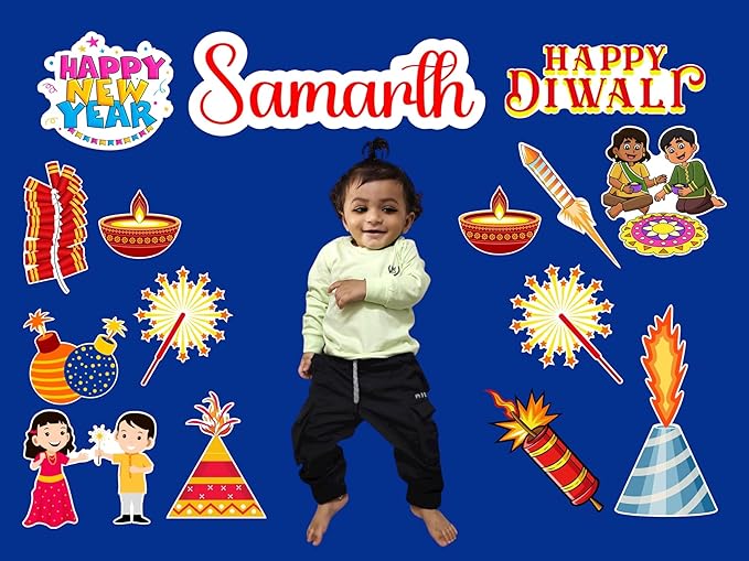 Child standing in front of a blue background with Diwali-themed decorations and text.