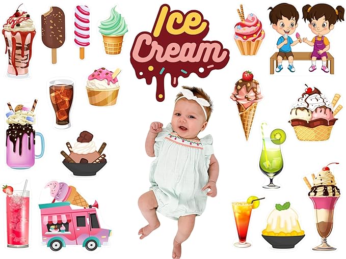 Baby surrounded by ice cream-themed illustrations and text